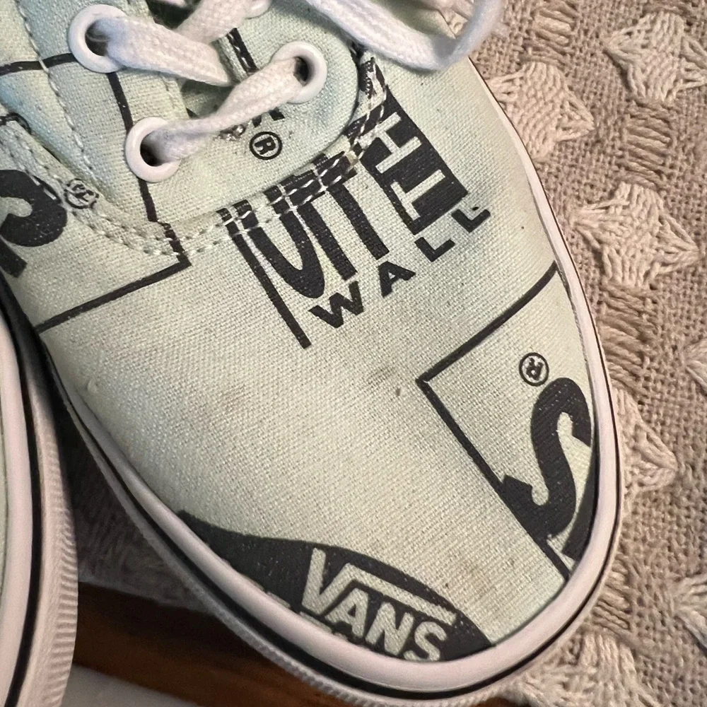 VANS Off the Wall Classic Low Top Logo Collage Sneakers Mint Green Black Wms 6.5